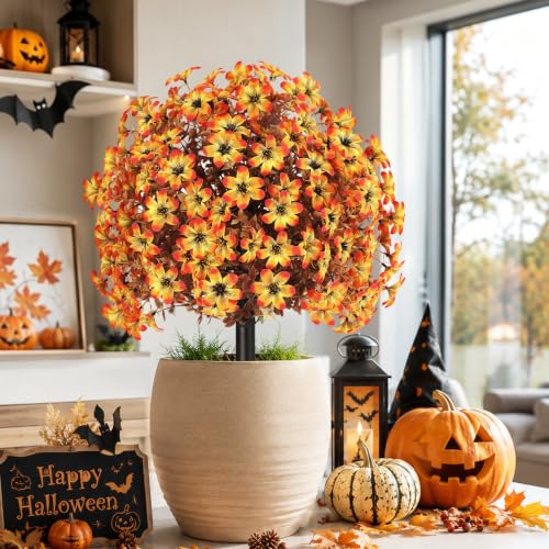 Artificial Fall Mums Topiary Ball Tree with Ground Spike - Orange
