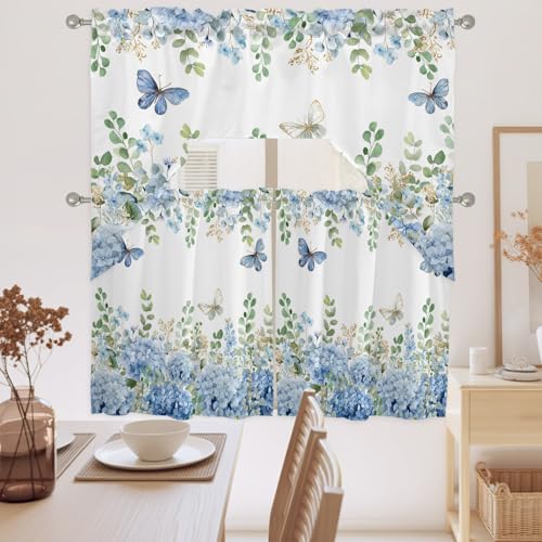 Blue Hydrangea Swag Kitchen Curtain Set - 3 Piece Blue Floral Window Valance and Tier, 27.5" x 24", Variation of THIS listing