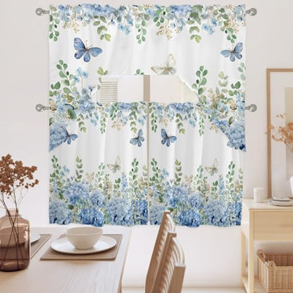 Blue Hydrangea Swag Kitchen Curtain Set - 3 Piece Blue Floral Window Valance and Tier, 27.5" x 24", Variation of THIS listing
