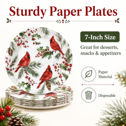 Christmas Paper Plates and Napkins Set - Cardinal Holiday Design - 50 Pieces