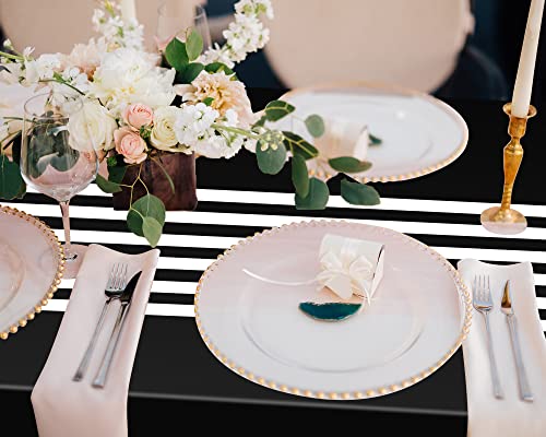 6 Pieces 86x54 Inch Black and White Striped Plastic Table Runners - Set of 6