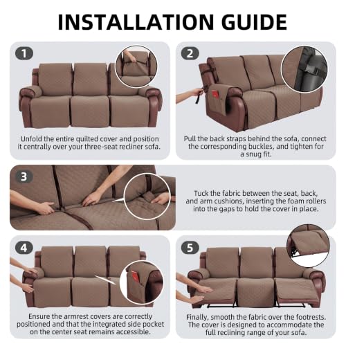 Brown Waterproof 3-Seater Recliner Couch Cover, Reversible Sofa Protector with Pockets