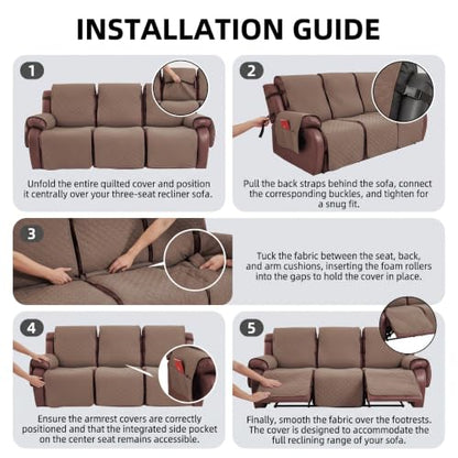 Brown Waterproof 3-Seater Recliner Couch Cover, Reversible Sofa Protector with Pockets