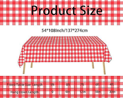 Disposable Red and White Checkered Tablecloth 54 x 108 Inches - 3 Pack