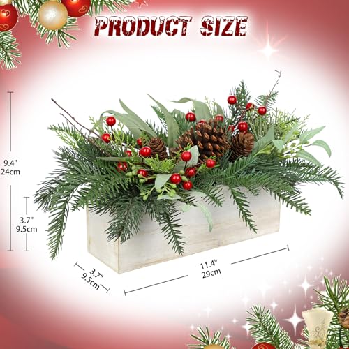 Christmas Centerpieces for Table - Artificial Norfolk Pine with Red Seeds & Eucalyptus in White Wooden Pot - White Variation