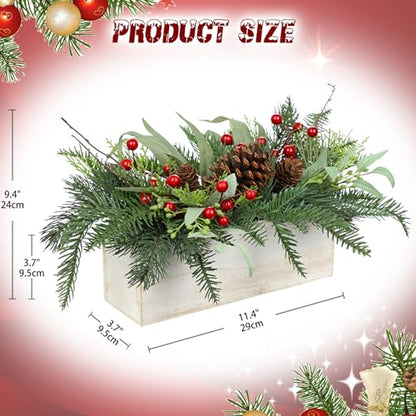 Christmas Centerpieces for Table - Artificial Norfolk Pine with Red Seeds & Eucalyptus in White Wooden Pot - White Variation