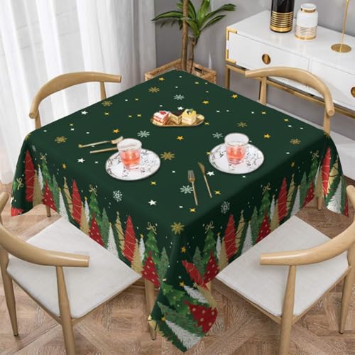 Christmas Square Tablecloth 52x52 Inch Forest Green Xmas Tree Snowflake Holiday Decor