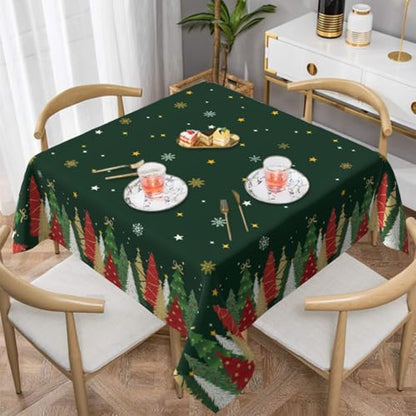 Christmas Square Tablecloth 52x52 Inch Forest Green Xmas Tree Snowflake Holiday Decor