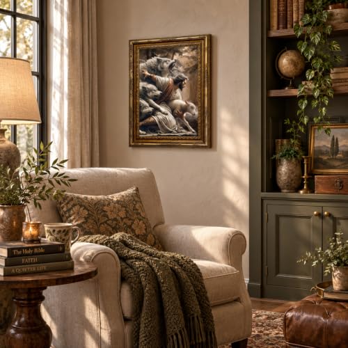 Framed Jesus Protecting Lamb Wall Art Religious Decor 24x16 Inches - Gold Frame
