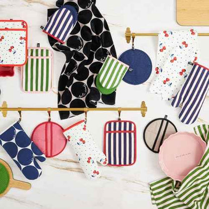 Kate Spade New York Joy Dot Oven Mitt & Pot Grabber 2-Pack Set, 7" x 13", 8" Round, Navy Blue/Cream