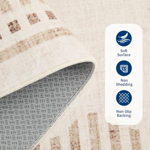 Large 5x7 Washable Area Rug - Non-Slip Beige Scalloped Border