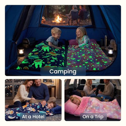 Kids Glow in The Dark Toddler Sleeping Bag with Pillow - Pink Stars, 66x33 Inches
