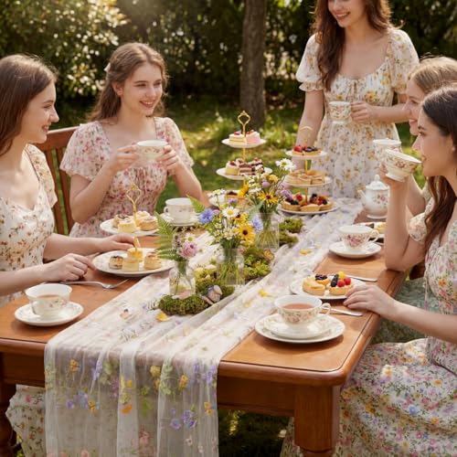 Ivory White Floral Table Runner 10ft Embroidery Tulle Wildflower - Variation of THIS listing 6
