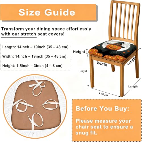 Halloween Pumpkin Chair Seat Covers - Fanciful Witch Moon Design, 4 Pcs, Orange Spandex