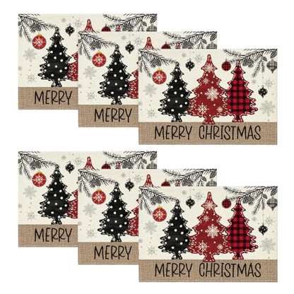 12x18 Inch Christmas Placemats Set of 6 - Red & Beige Holiday Table Decor
