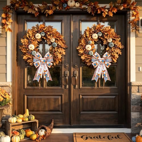 Fall Pumpkin Bow for Wreaths - 2 Pcs Autumn Harvest Farmhouse Decor
