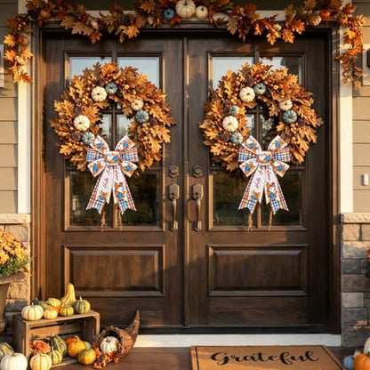 Fall Pumpkin Bow for Wreaths - 2 Pcs Autumn Harvest Farmhouse Decor