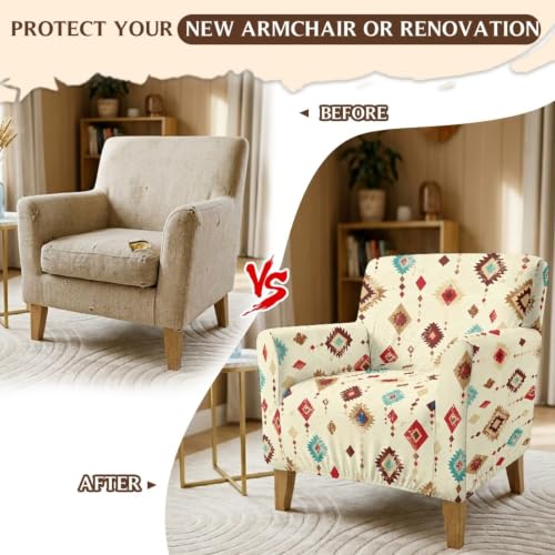 Southwest Aztec Beige Non Slip Armchair Slipcover with Elastic Bottom - Modern Sofa Chair Cover