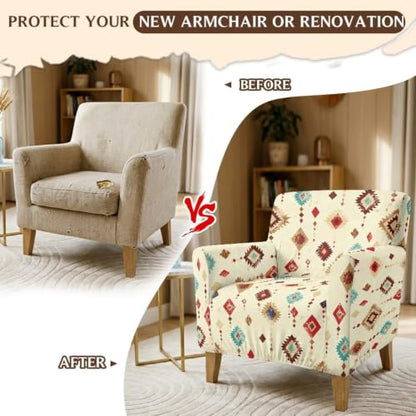 Southwest Aztec Beige Non Slip Armchair Slipcover with Elastic Bottom - Modern Sofa Chair Cover