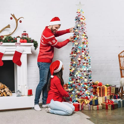 Pop Up Christmas Tinsel Tree with Remote Lights - Collapsible Silver 5FT
