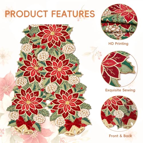 Christmas Tree Table Runner 14x36 Inch Red Green Winter Linen Decor - Red Floral Variation