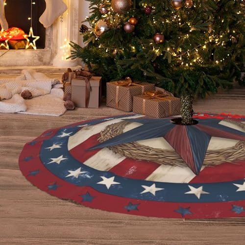 4th of July Patriotic Christmas Tree Skirt 36 Inch Star Pattern Holiday Decor