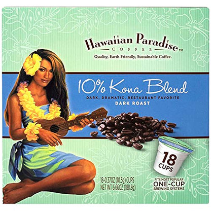 Hawaiian Paradise Coffee 10% Kona Blend Single Serve Cups 18 Count Dark Roast - Made From The Finest Beans - Compatible with Keurig K-Cup Brewers