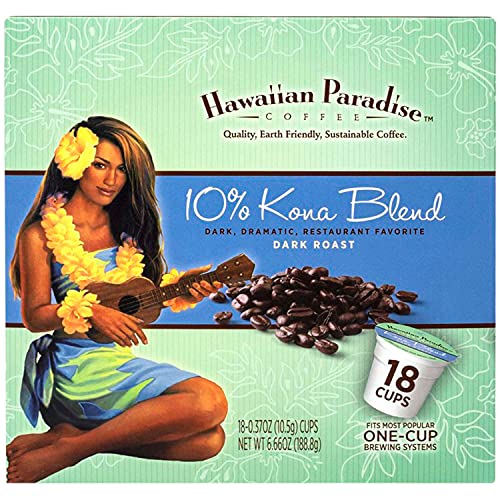 Hawaiian Paradise Coffee 10% Kona Blend Single Serve Cups 18 Count Dark Roast - Made From The Finest Beans - Compatible with Keurig K-Cup Brewers