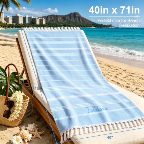 Personalized Turkish Beach Towel with Embroidered Name - Light Blue, Oversized 40 x 71 Inches Cotton, Bridesmaid Gift & Bachelorette Party Favors