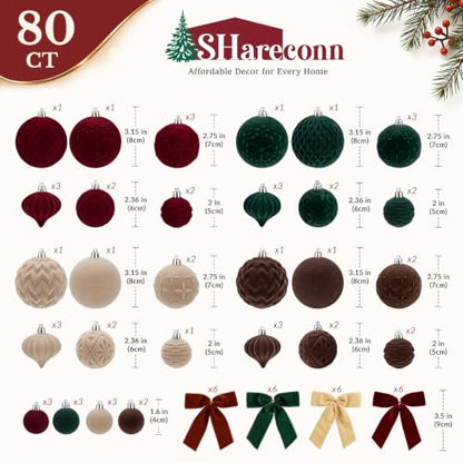 Velvet Christmas Tree Ornaments Set - Red, Green, Gold, Brown - 80pcs with Embossed Patterns
