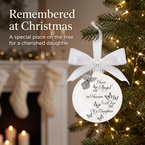 Angel Memorial Ornament with White Feathers and Bow Tie - Christmas Holiday Decorations for Loss of Daughter
