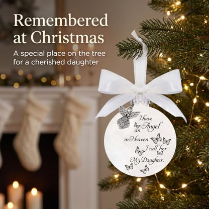 Angel Memorial Ornament with White Feathers and Bow Tie - Christmas Holiday Decorations for Loss of Daughter