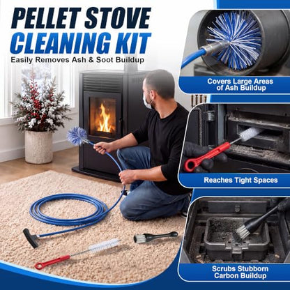 Pellet Stove Cleaning Brush Kit with 10 Ft Flexible Steel Rod & Blue 3-Inch Brush Head