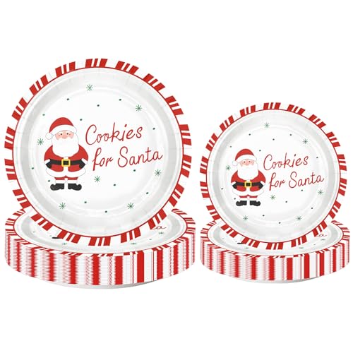 Christmas Paper Plates 50pcs - Santa Cookies Design, 7 & 9 Inch Disposable Party Tableware