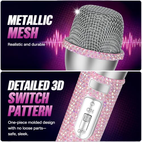 Rose Gold Rhinestone Microphone Prop, Sparkly Bling Fake Microphone for Performers