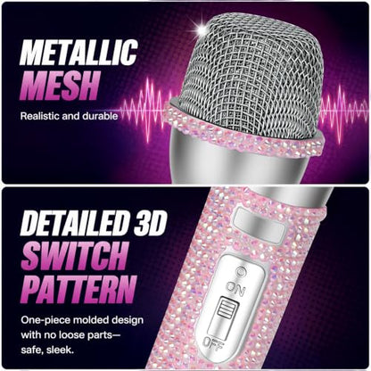 Rose Gold Rhinestone Microphone Prop, Sparkly Bling Fake Microphone for Performers