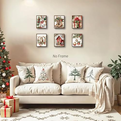 Unframed Christmas Wall Art Prints Set of 6 - Farmhouse Winter Holiday Decorations
