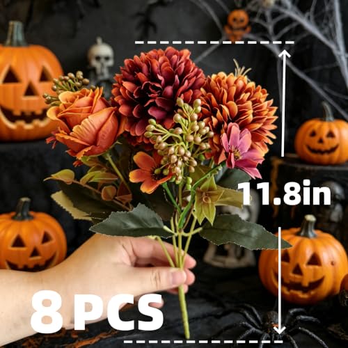 Artificial Fall Flowers Bouquet - Orange Red Silk Faux Arrangement, 8 Pack Variation