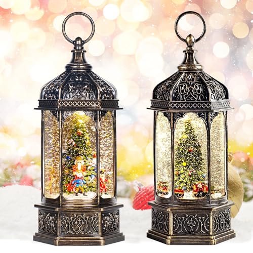 Christmas Snow Globe Lantern with Music & Swirling Glitter - Nutcracker & Train Rotating Decor, 12.7"