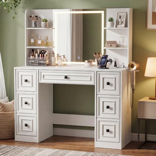 YESHOMY Pure White Makeup Vanity Desk with LED Mirror, UL Charging Hub & 7-Drawer Storage