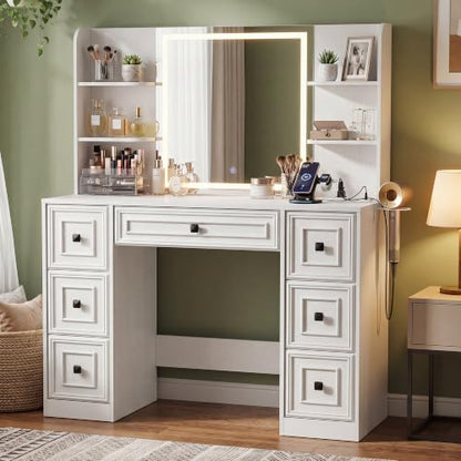 YESHOMY Pure White Makeup Vanity Desk with LED Mirror, UL Charging Hub & 7-Drawer Storage