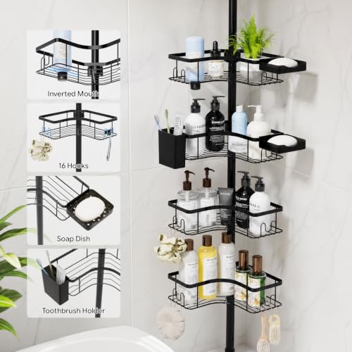 Corner Shower Caddy Tension Pole 4-Tier Rustproof Bathroom Organizer - Black