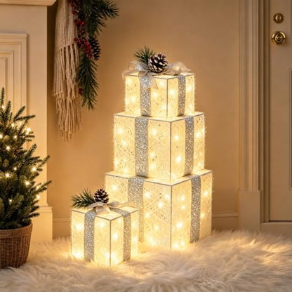 Warm White Lighted Gift Boxes Set of 4 Christmas Decor Battery Operated