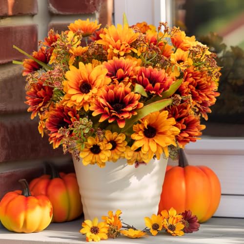 Artificial Fall Flowers for Decoration - Orange Faux Mums, 4 Bundles Outdoor
