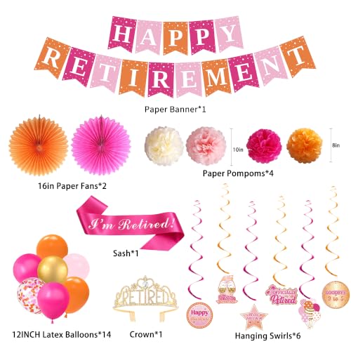 Holkcog Pink Orange Retirement Party Decorations Set - Banner, Balloons, Fans