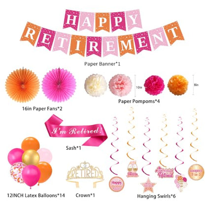 Holkcog Pink Orange Retirement Party Decorations Set - Banner, Balloons, Fans