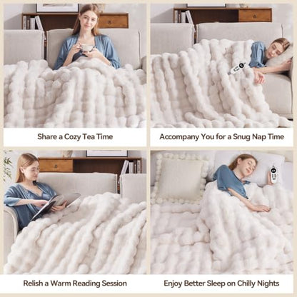 Electric Heated Blanket Throw with 6 Heat Levels and Auto-Off 50x60 White Faux Rabbit Fur