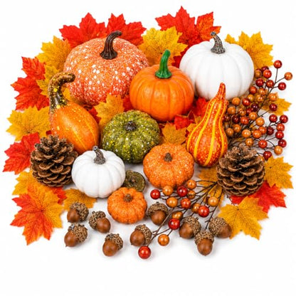 120-Piece Fall Harvest Decor Set with Mini Pumpkins, Gourds & Autumn Accents