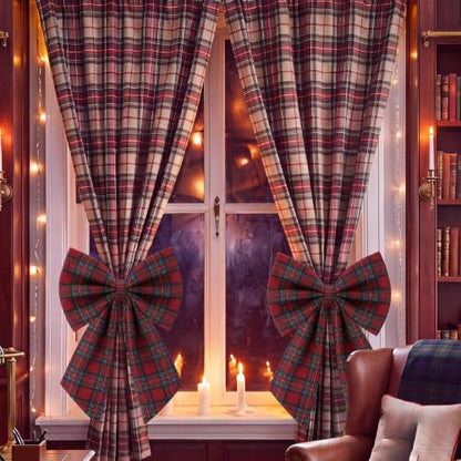 Christmas Plaid Bow Curtain Tiebacks Red Green Tartan Set - Farmhouse Decor