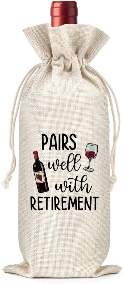 Pairs Well With Retirement Canvas Wine Tote Bag, Funny Retirement Farewell Gifts for Retiree Colleague Leader Boss Mentor Wine Lover, Retirements Party Wine Bottle Gift Bag with Drawstring